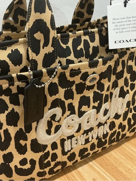 Coach Leopard Canvas Tote Bag 26 in Tan and Black with Embroidered Logo - Picture 2 of 11